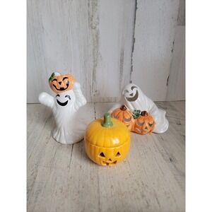 Vintage ceramic Halloween pumpkin ghost tea light candle figure set home